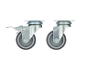 Two swivel casters, one with a brake and one without, on a black background.