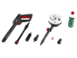 Pressure washer set with handle, nozzles, rotating brush, and cleaning solution.