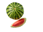 Whole watermelon with water droplets and a slice on a black background.