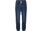 Dark blue kids' denim jogger pants with a white drawstring.
