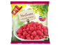 Bag of frozen raspberries, with text 'Himbeeren erntefrisch tiefgefroren' and 'GEEIGNET FÜR Smoothies'.