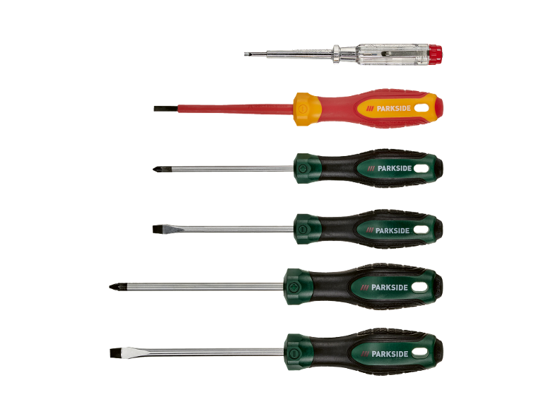 Set of screwdrivers including a voltage tester, flathead, and Phillips head types.