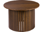 Round wooden table with slatted base in dark wood.