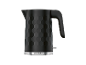 Black electric kettle with a textured hexagonal pattern and a stainless steel base.