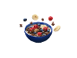 Bowl of milk, chocolate cereal, raspberries, blueberries, and banana.