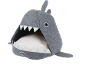Grey shark-shaped pet bed with white teeth and a cushion.