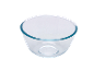 Transparent glass mixing bowl with a blue rim.