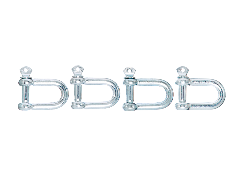 Four metal D-shackles with a pin, inscribed with 'WWS max. 200kg'.