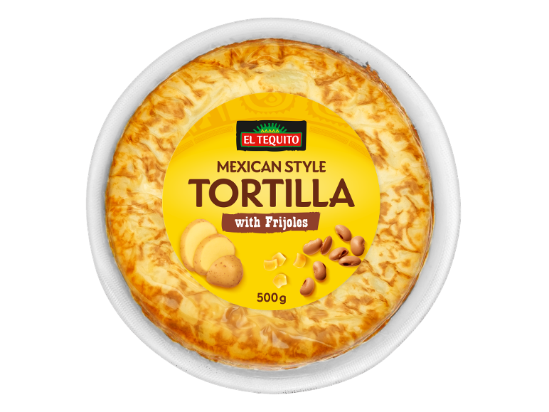 Mexican style tortilla with frijoles, 500g, in a white tray.