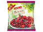 Bag of frozen berry mix with strawberries, raspberries, blueberries, and cherries, indicating 1 kg and preparation times.