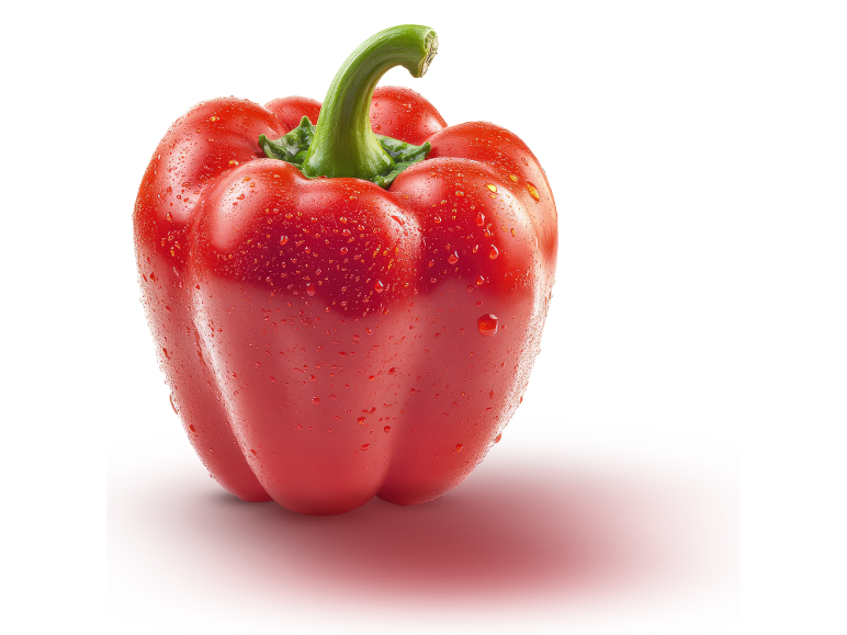 Fresh red bell pepper with water droplets on a white background.