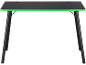 Black gaming desk with a bright green edge and metal legs.