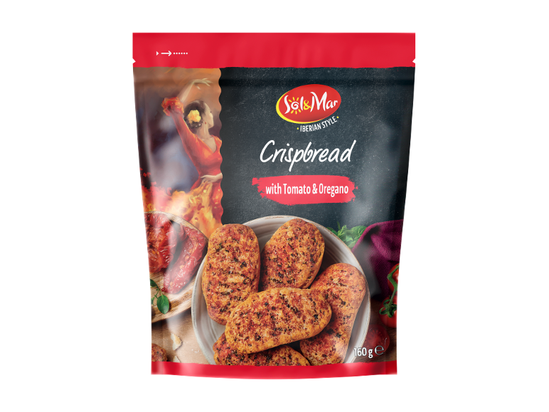Crispbread package with tomato and oregano, featuring a flamenco dancer.