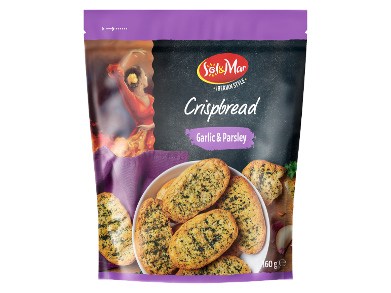 Crispbread package with garlic and parsley, featuring Iberian style and a flamenco dancer.