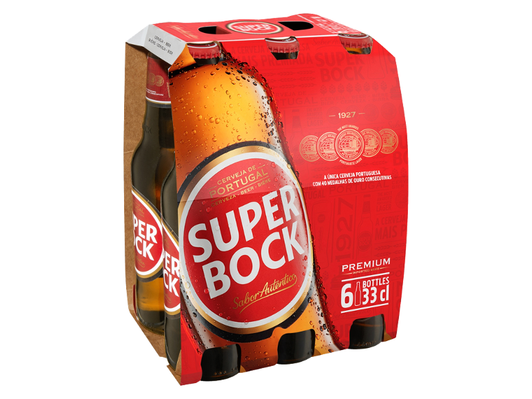 Pack of 6 Portuguese lager beers, 33 cl each, with gold medals.