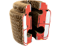 Corrugated cardboard cat scratcher shaped like a red bus.