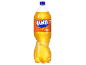 Bottle of orange-flavored carbonated drink with a label stating '3% juice'.