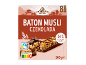 Muesli bar with chocolate packaging, featuring 8 bars and 24% milk chocolate.