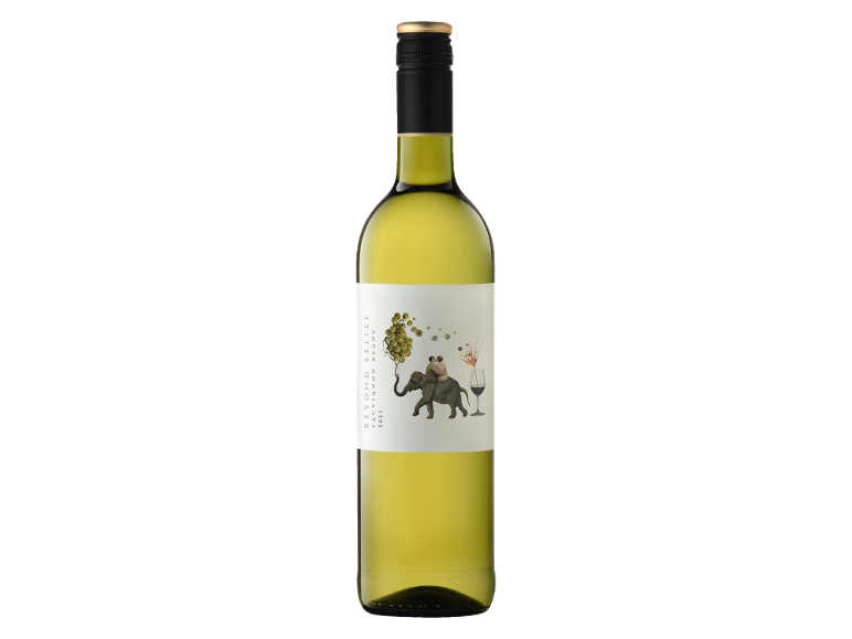 White wine bottle with an illustrated label of an elephant, a couple, and grapes.
