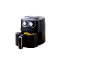 Black air fryer with french fries in the basket.
