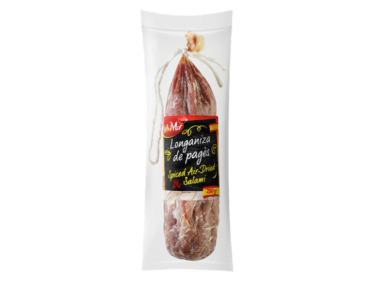 Packaged dried salami with a label 'Longaniza de pagès Spiced Air-Dried Salami 250g'