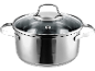 Stainless steel pot with glass lid, marked with 0.5 L and 1.0 L.