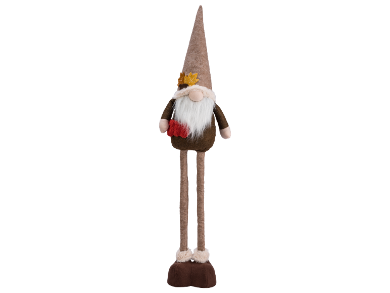 Autumn gnome decoration with a tall brown hat, white beard, and red knitted scarf.