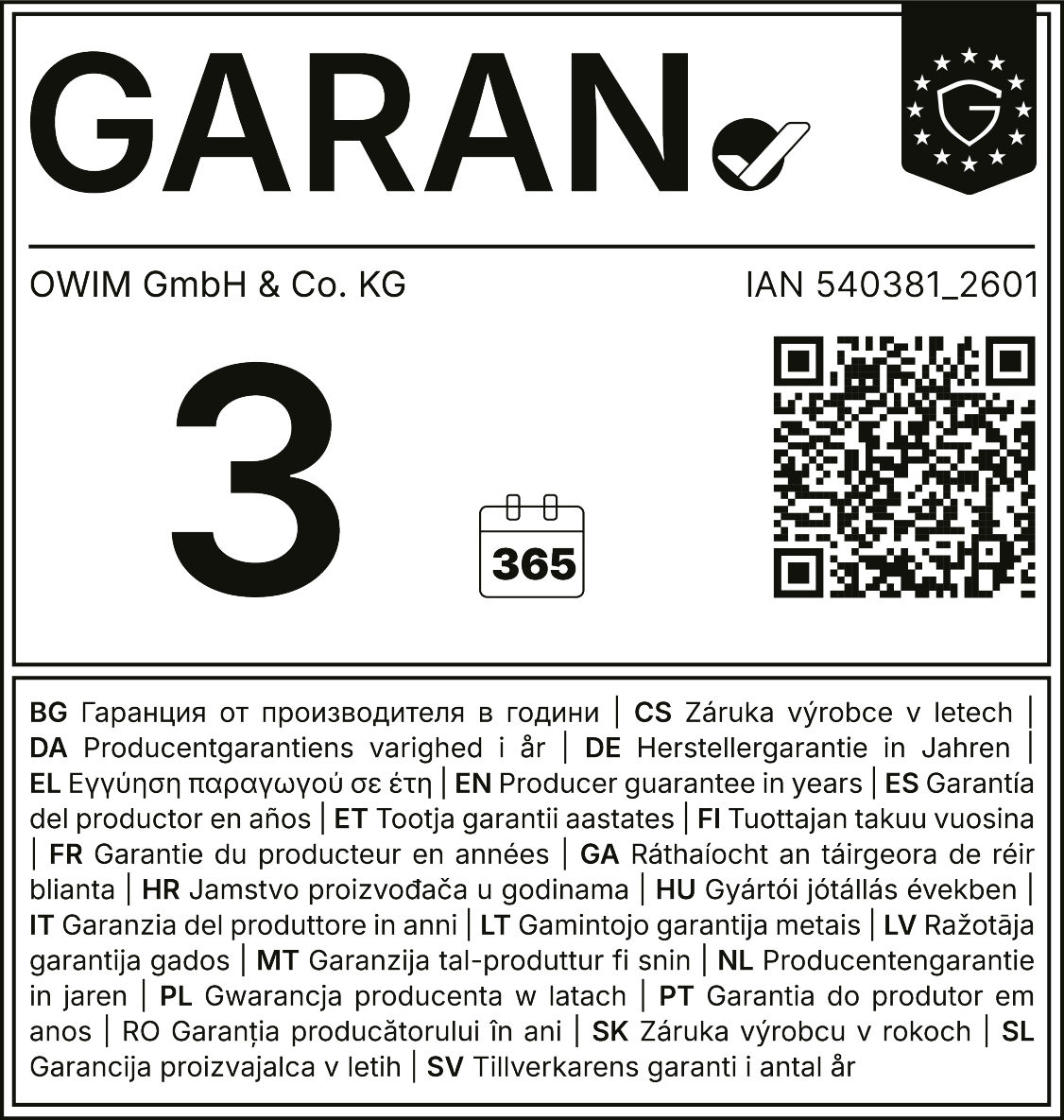 Warranty 3 years, 365 days, IAN 540381_2601, with QR code.