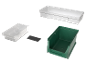 Clear and green storage boxes with inserts.