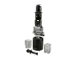 Disassembled electric juicer with accessories, including a filter and two containers.