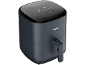 Black air fryer with a digital display and a handle.