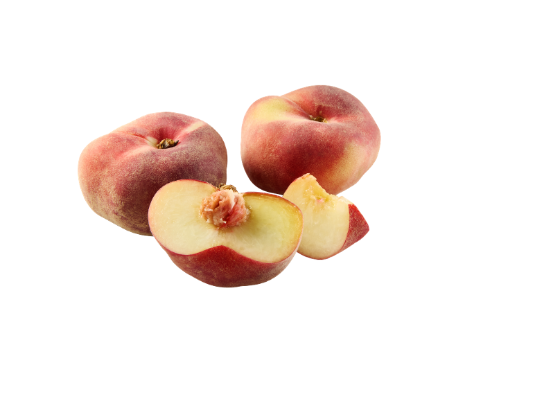 Two whole and two cut flat peaches on a black background.