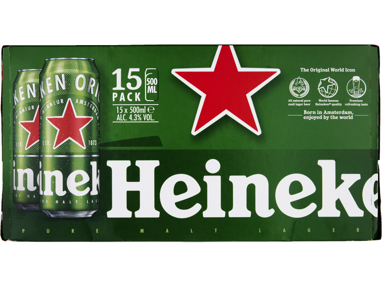Green beer cans in a 15-pack, 500ml each, 4.3% alcohol, with a red star logo.