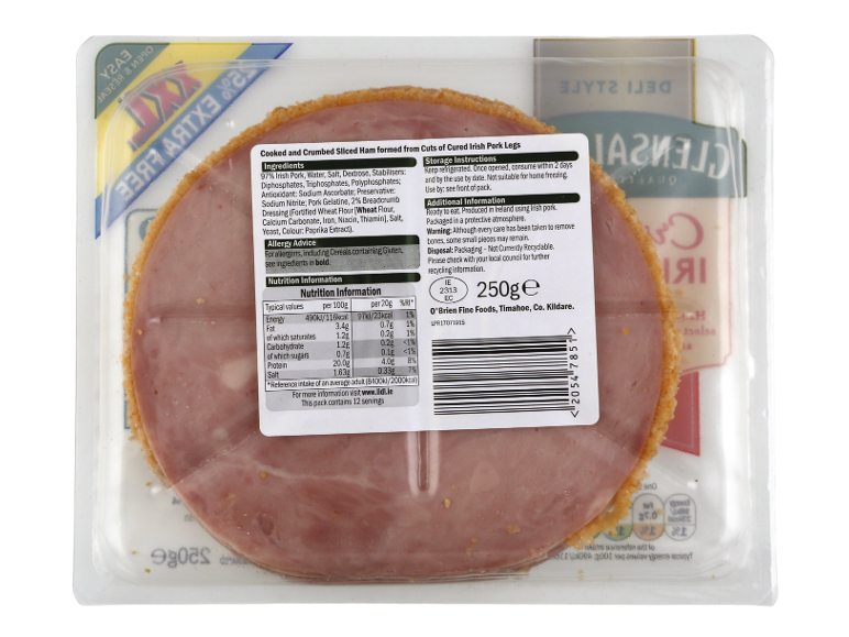 Cooked and crumbed sliced ham with nutritional and storage information.