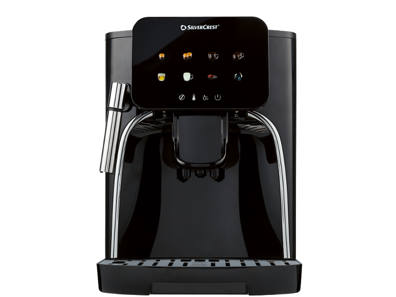 Black automatic coffee machine with a touchscreen display and beverage options.