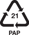 Recycling symbol with number 21 and text PAP.