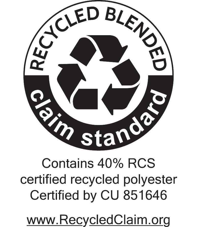Recycled Blended Claim Standard seal: Contains 40% RCS certified recycled polyester, certified by CU 851646. www.RecycledClaim.org