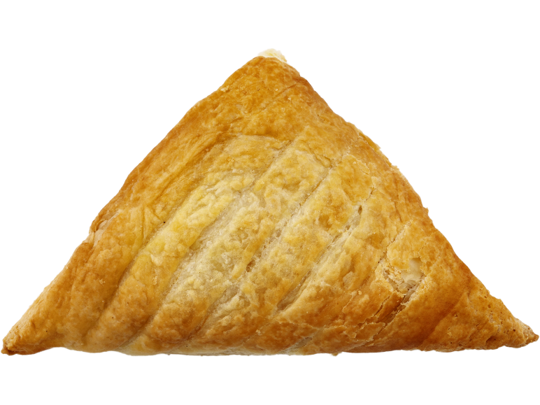 Golden, flaky, triangular pastry on a black background.