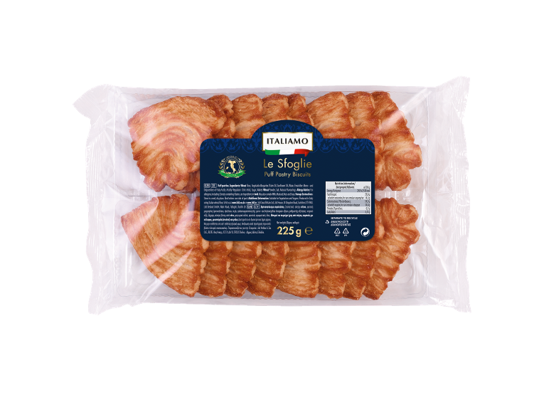 Packaged puff pastry biscuits with a nutritional label and ingredient information.