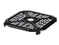 Black air fryer rack with a perforated surface and rubber feet.