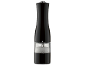 Black salt or pepper mill with a clear base filled with salt.
