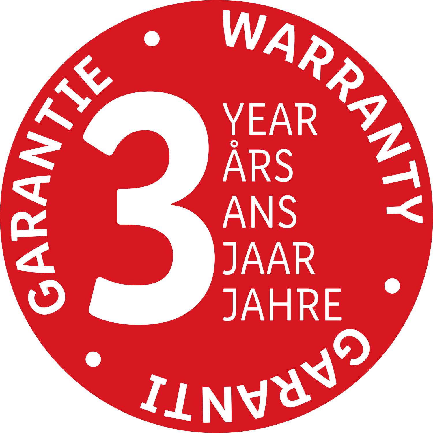 Red 3-year warranty seal in multiple languages.