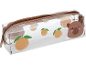 Clear pencil case with a brown zipper and prints of bears and oranges.