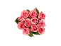 Bouquet of pink roses with green leaves on a black background