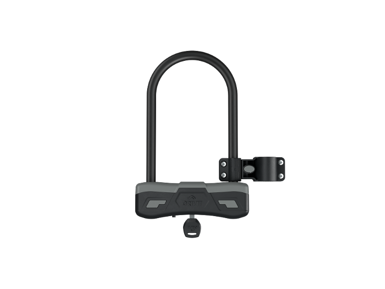 Bicycle U-lock with mounting bracket and key.