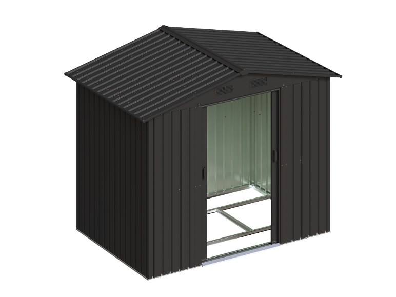 Dark grey metal garden shed with a corrugated roof and open sliding doors.