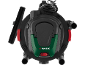 Black and green vacuum cleaner with coiled cable and accessories, red switch.