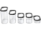 Set of five clear food storage containers with black lids.
