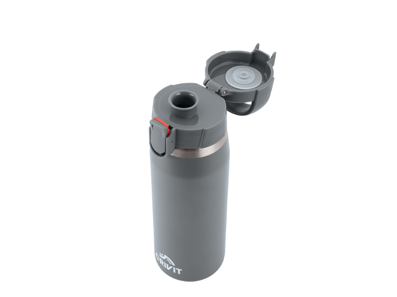 Grey insulated bottle with open flip lid and red lock button.