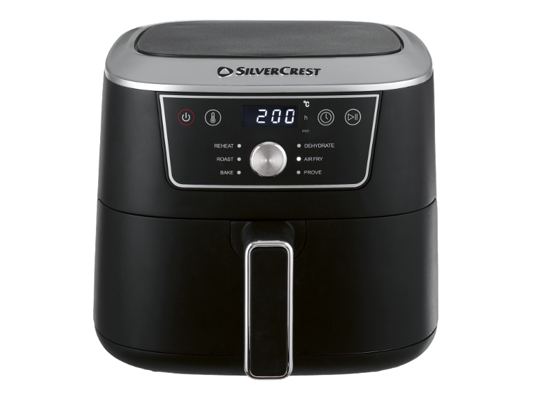 Black digital air fryer with control panel and LED display showing 200 °C.